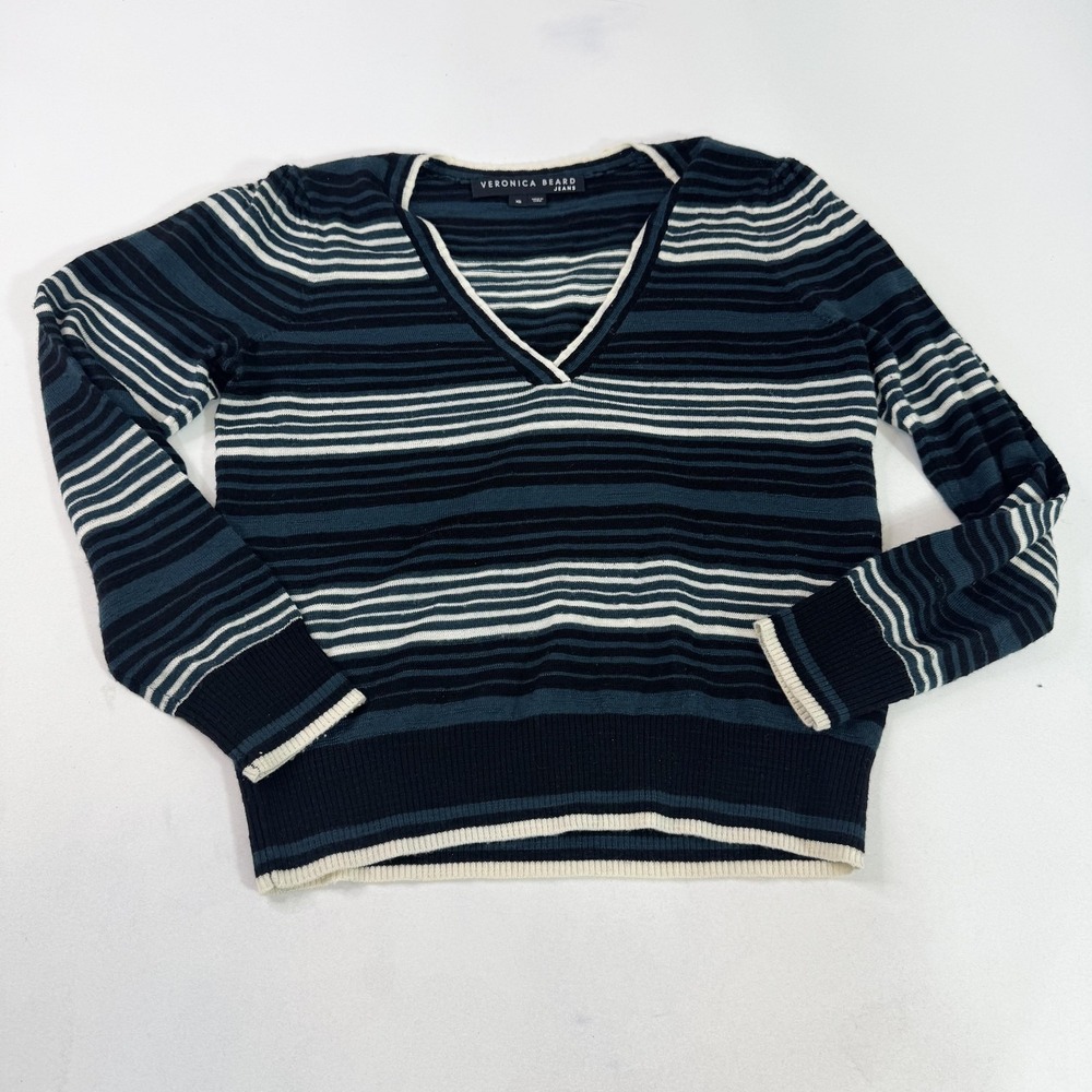 Veronica Beard Sweater Womens XS Blue Striped 100% Merino Wool V Neck Knit